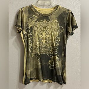 Sinful By Affliction Top Size L Yellow Gray Grunge Tattoo Biker Alt Fleur De Lis